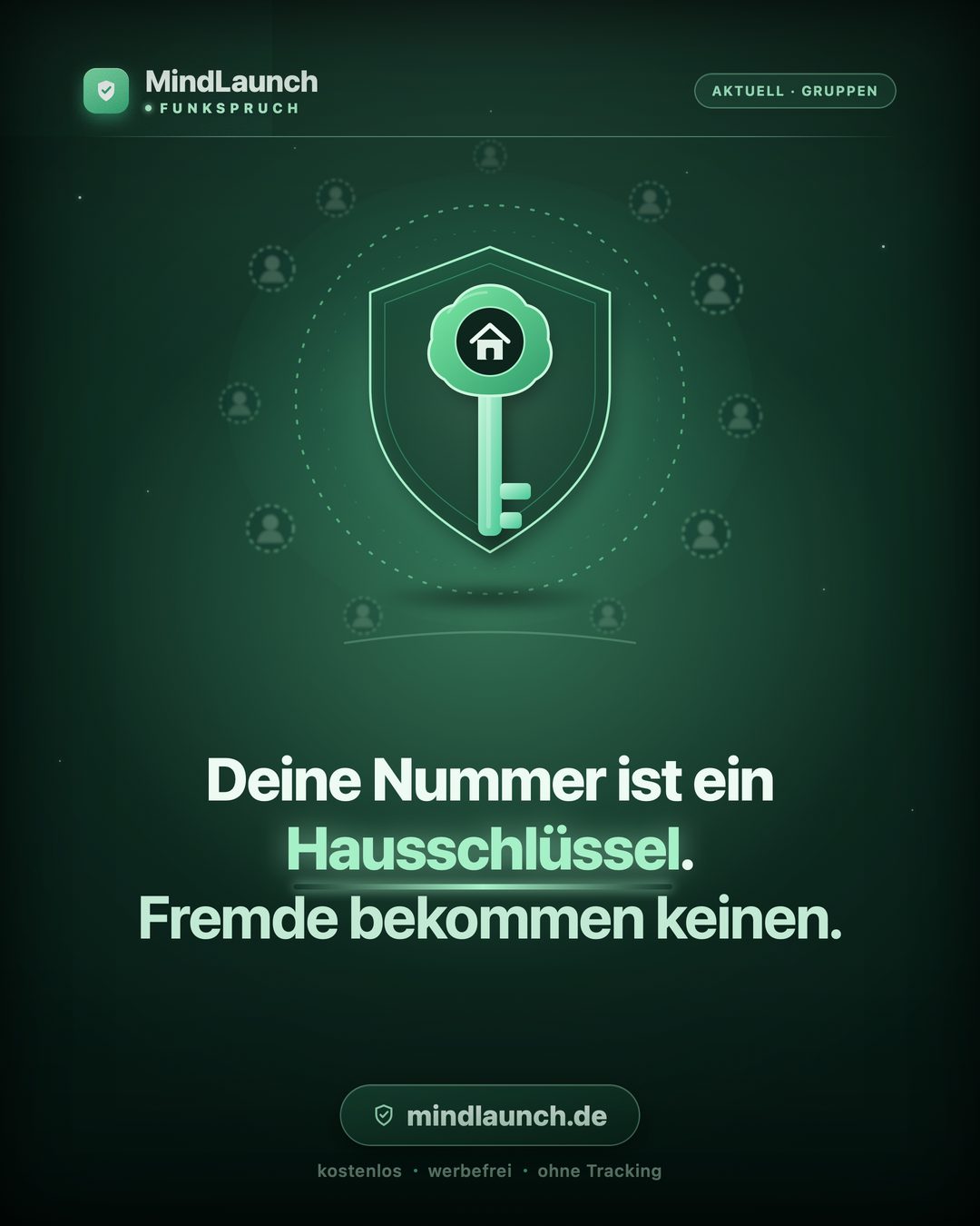 Funkspruch-Kachel: Deine Nummer ist ein Hausschlüssel. Fremde bekommen keinen.