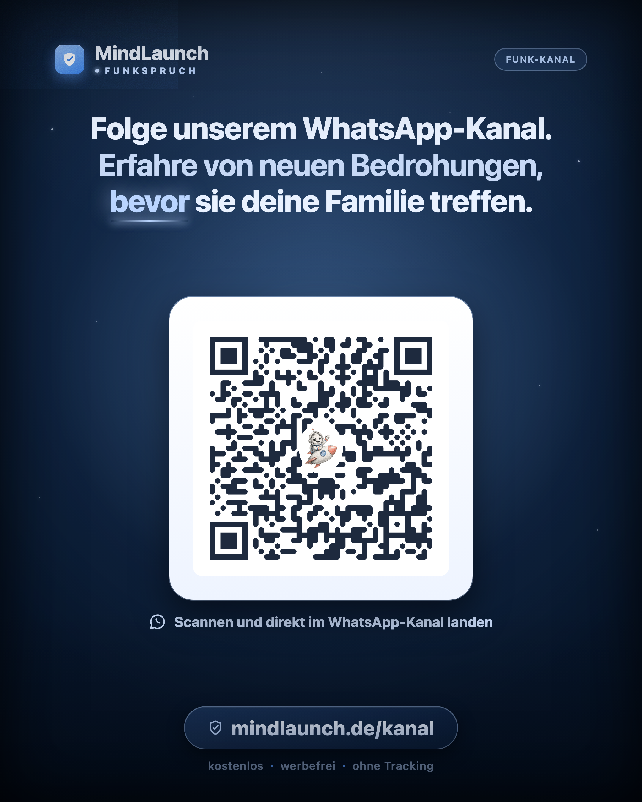 Teilbare Kachel mit QR-Code zum WhatsApp-Kanal von MindLaunch