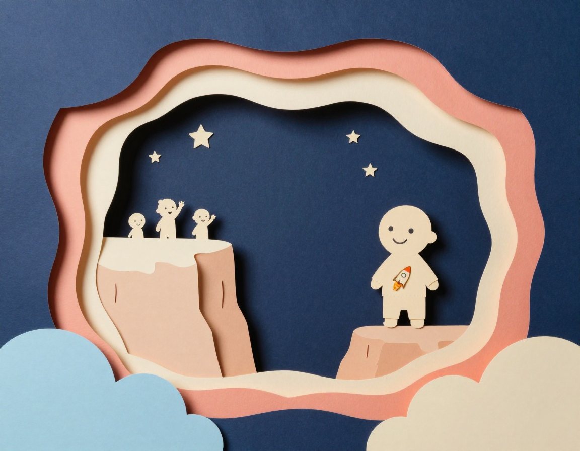 Zwischen zwei Felsen aus Papier ist eine Schlucht. Drüben winken drei Kinder, auf dieser Seite steht ein Kind ruhig und lächelt.